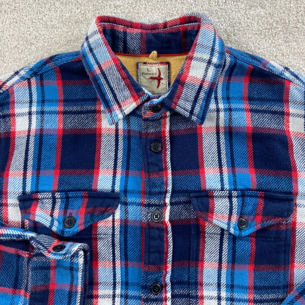 Relwen Brushed Flannel Shirt Mens Large Blue Red Plaid Long Sleeve Button Down
